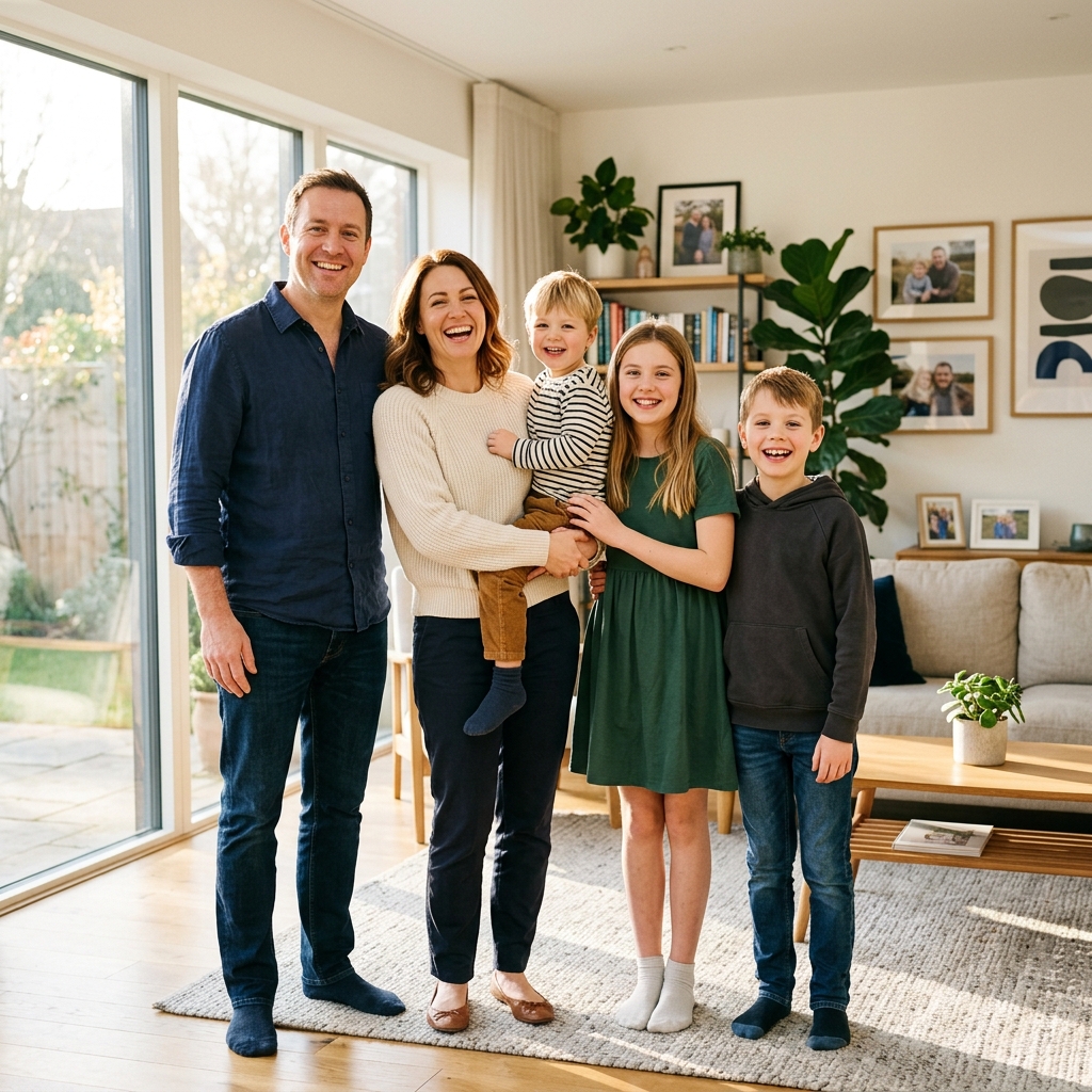 AI-combined family portrait showing parents and adult children who live in different cities