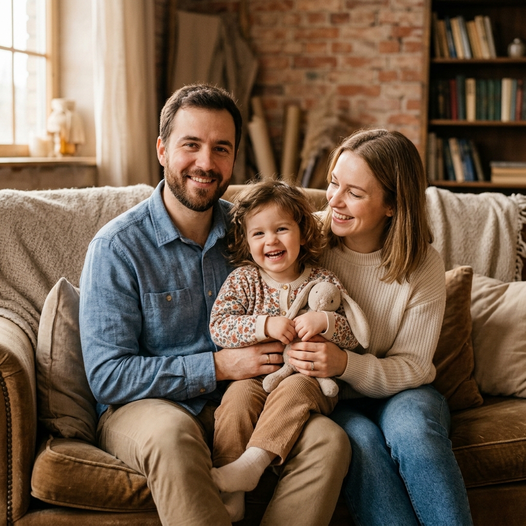 Memorial family portrait with deceased grandmother blended naturally into a modern family photo