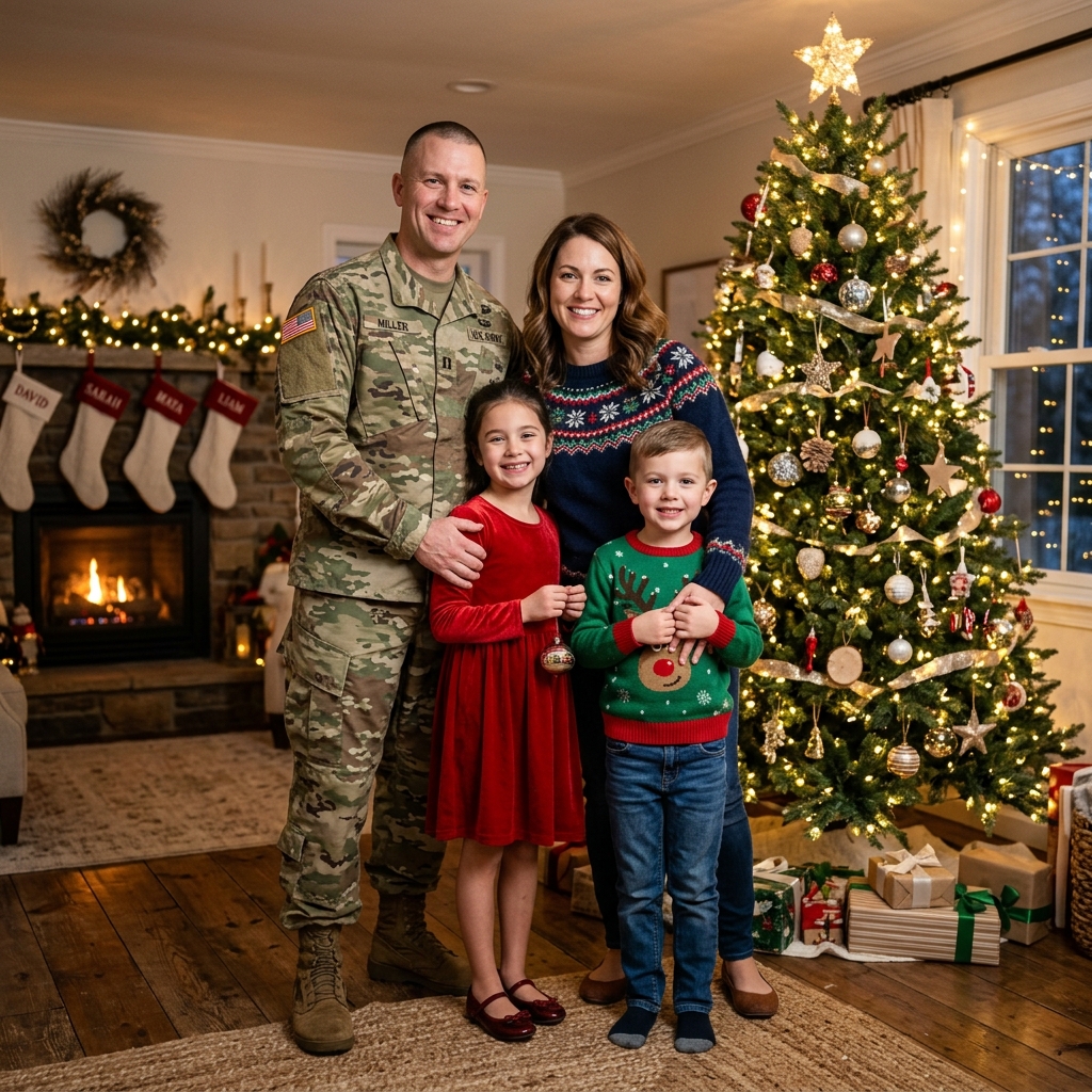 Holiday family card created by combining separate photos of relatives from three different locations