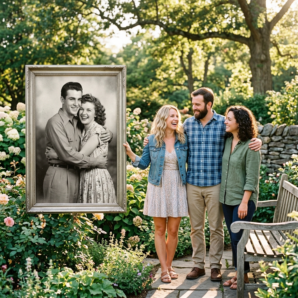 Grandchildren holding a frame of their deceased grandparents in the garden memorial example