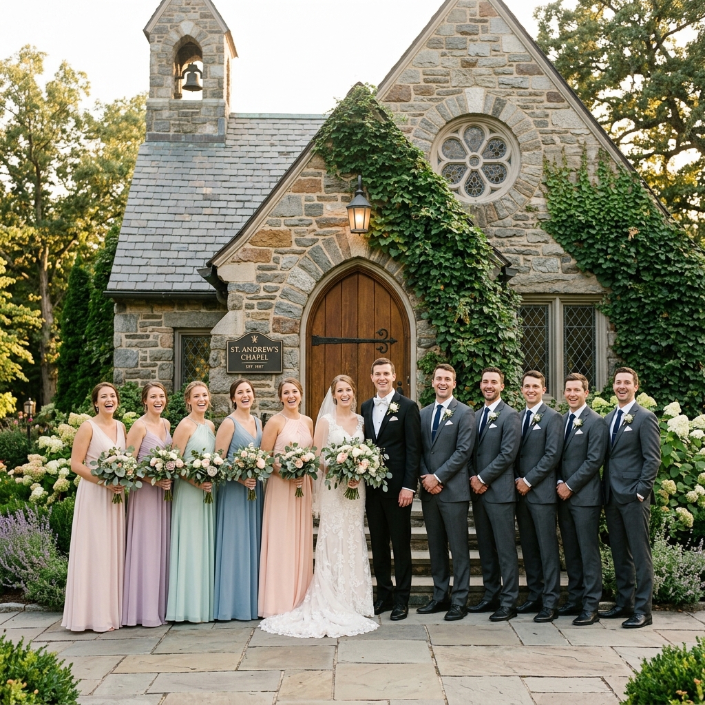 Wedding party photo with missing bridesmaid added using AI example